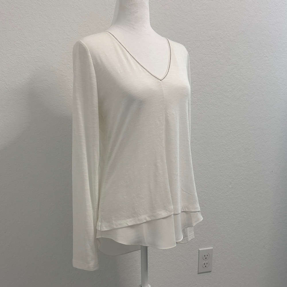 White House Black Market Cream V-Neck Long Sleeve Layered Top